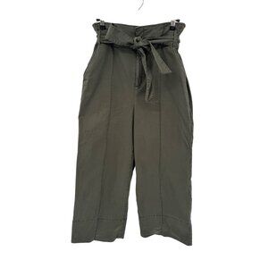 Massimo Dutti Capri Paperbag Pants Womens 8 Olive Green Cotton Bellt‎ Wide Leg